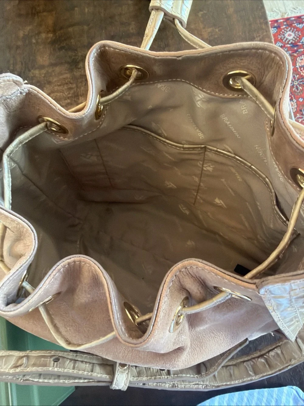 Brahmin Blush Taupe Drawstring Hobo Bucket Bag alligator embossed Tassel
